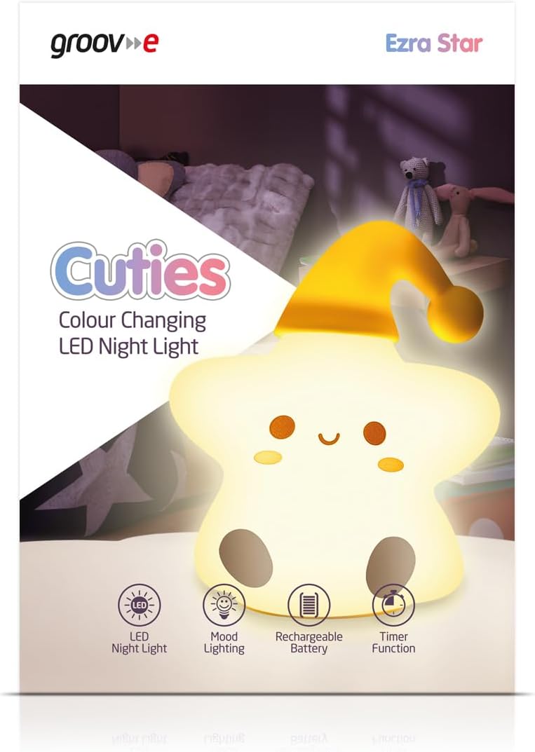 Groov-e Cuties - Ezra Star - Luz noturna LED com mudança de cor com temporizador de 30/60 minutos - 7 cores - Toque para usar - Bateria recarregável de 12 horas ou alimentada por USB - para bebês, crianças pequenas e crianças