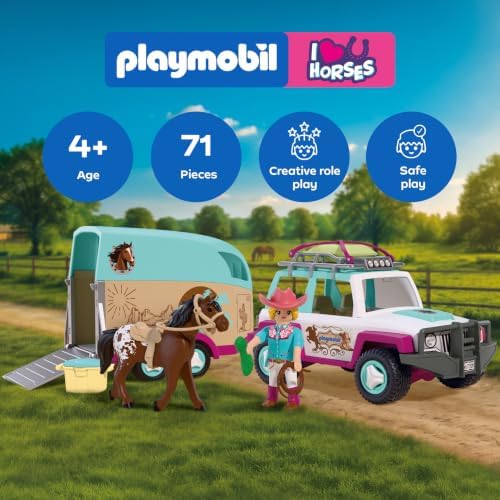 Playmobil | I Love Horses | Veículo Off-Road com Reboque para Cavalos | Conjunto de transporte com amazona, cavalo, acessórios e rampa móvel | Para crianças a partir de 4 anos | 72129