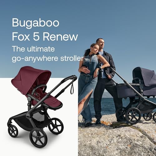 Bugaboo Carrinho de Bebê Fox 5 Renew All-Terrain, 2 em 1, com Suspensão Total, Fácil de Dobrar, Assento Extensível para Crianças, Manobrabilidade com Uma Só Mão, Chassi Preto e Capota Cereja Escura