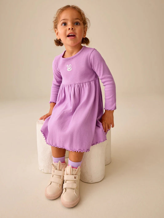 |Girl| Vestido Canelado de Manga Longa com Bordado de Coelhinho Lilás (3 meses a 7 anos)