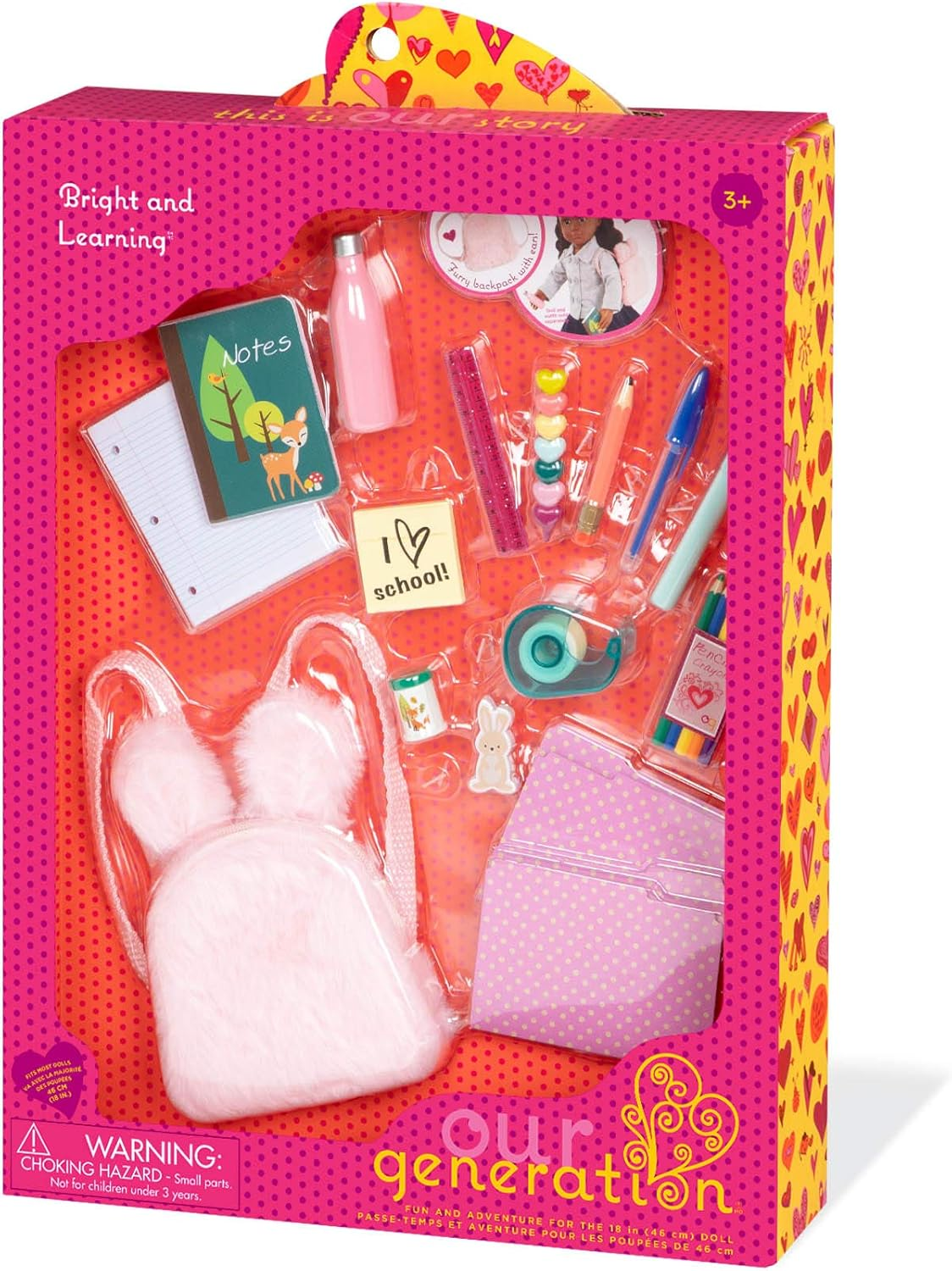 Conjunto de aprendizagem e brilho da nossa geração – Material escolar com mochila de orelha de coelho para bonecas de 45 cm – Conjunto de acessórios para sala de aula com 20 peças