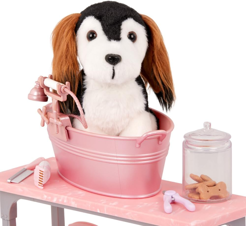 Kit de higiene para animais de estimação Our Generation para bonecas de 46 cm - com mesa de higiene, tabuleiro de lavagem e acessórios - Conjunto de higiene para animais de estimação Scrub & Style