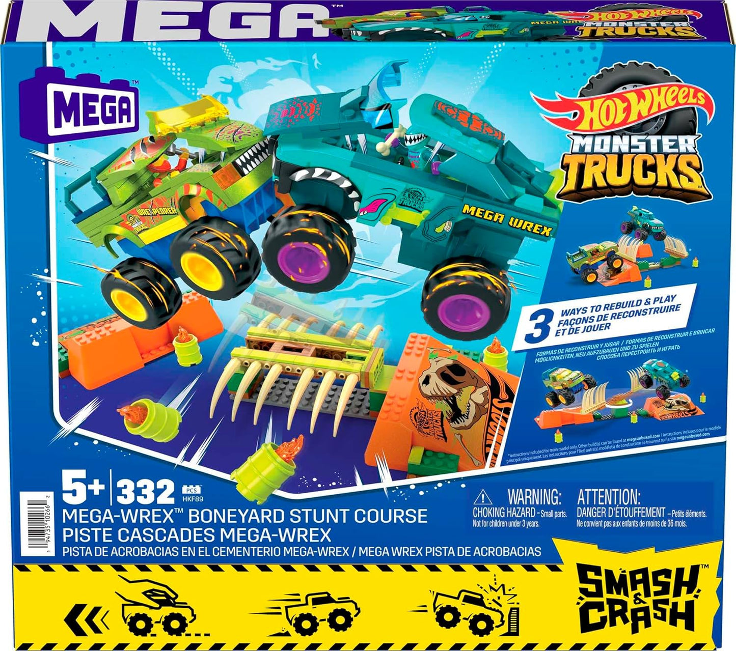 Mega Hot Wheels Monster Trucks Building Toy, Smash & Crash Wrex Boneyard Stunt Course com 332 peças, 2 figuras e 2 rampas, crianças de 5 anos ou mais, HKF89