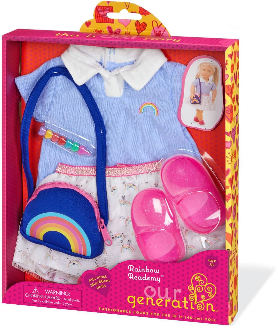 Fato da Academia Arco-Íris da Nossa Geração – Uniforme escolar multicolorido com acessórios arco-íris para bonecas de 45 cm – Conjunto de roupa de 5 peças