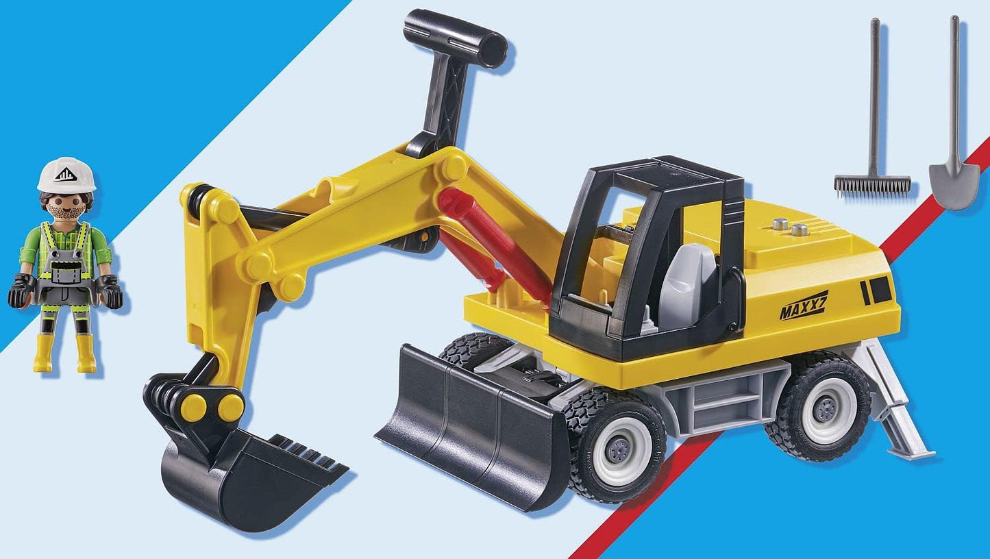 Playmobil 71407 Excavadora de acción urbana con pala, superestructura giratoria de 360° y pies de apoyo, juego de rol divertido e imaginativo, juegos adecuados para mayores de 4 años