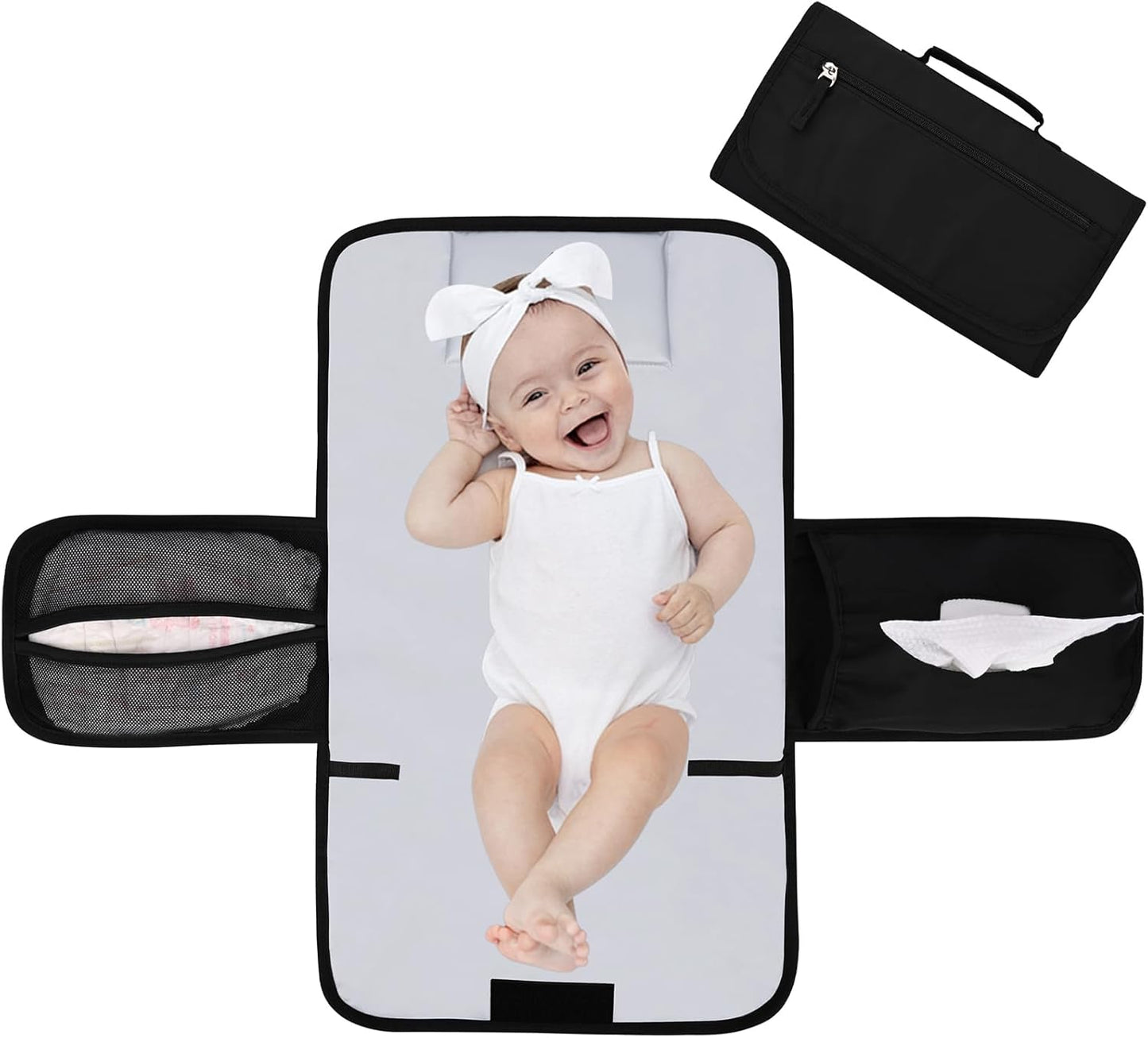 Bebamour Tapetes para troca de fraldas portáteis com lenços umedecidos para viagem Almofadas para troca de bebês com almofada de cabeça para bebês Almofadas para troca de fraldas à prova d'água