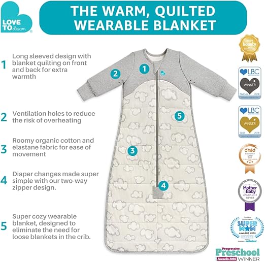 Love To Dream™ Saco de dormir | Cobertor e edredom vestível de manga comprida e leve | 2,5 Tog Ideal para inverno e outono (16–20 °C) | Algodão lavável à máquina e zíper duplo