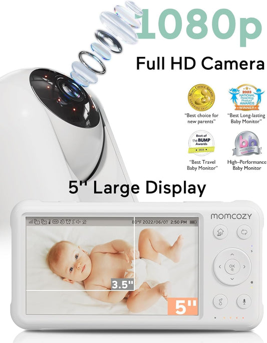 momcozy Babá eletrônica com 2 câmeras, tela dividida de 5 polegadas 1080P com lente grande angular integrada, câmera e áudio, sem Wi-Fi, bateria de 5000 mAh, visão noturna infravermelha, alcance de 293 metros.