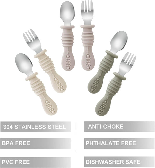 PandaEar Conjunto de Talheres com 6 Peças: Garfo e Colher para Bebê, em Aço Inoxidável, para Alimentação Independente de Bebês e Crianças, com Cabo de Silicone, Livre de BPA