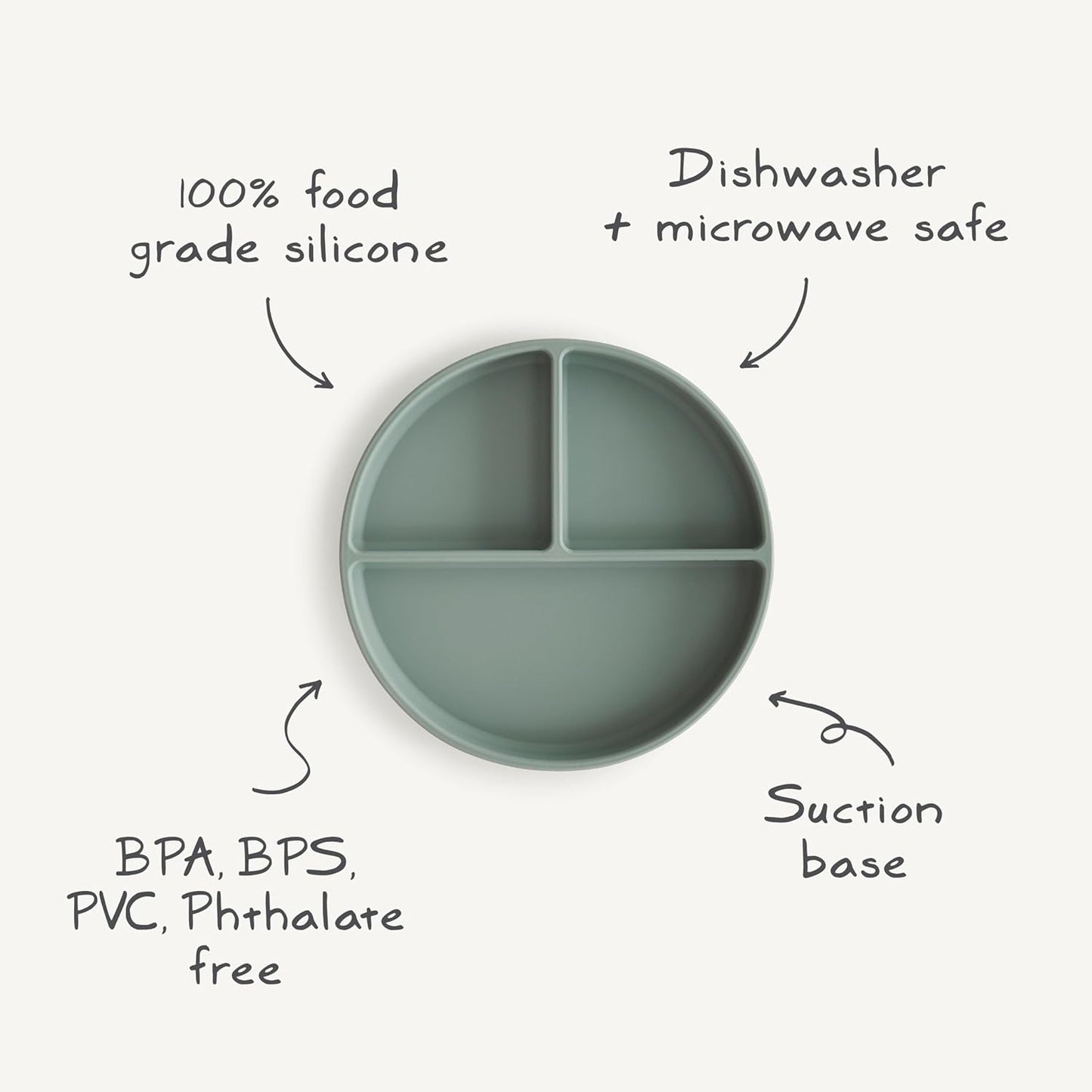 Mushie Prato de silicone com ventosa | Prato dividido antiderrapante para bebês e crianças pequenas | Silicone de qualidade alimentar | Pode ser lavado na lava-louças e usado no micro-ondas | Tomilho seco
