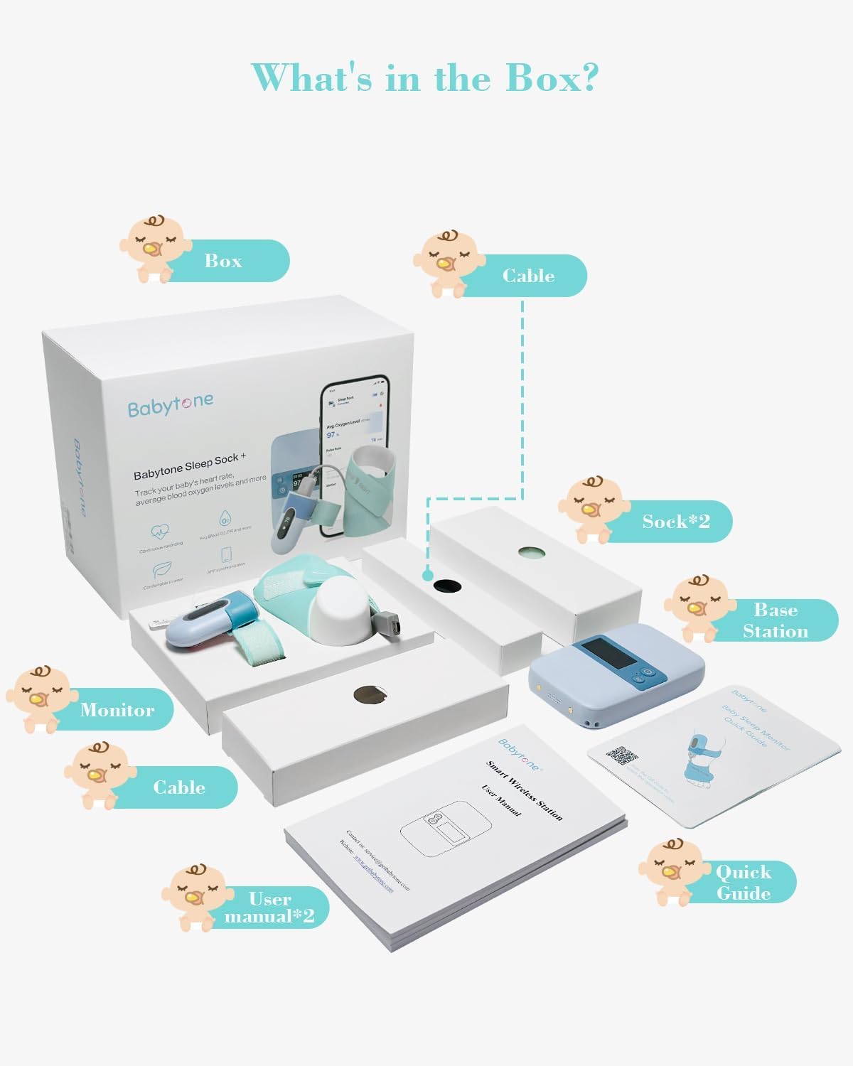 Oxímetro de pulso BabyO2 S2 para bebês, monitor de meia para dormir com estação base, monitoramento de saturação de oxigênio O2 em tempo real, frequência cardíaca, oxímetro para crianças de 0 a 3 anos