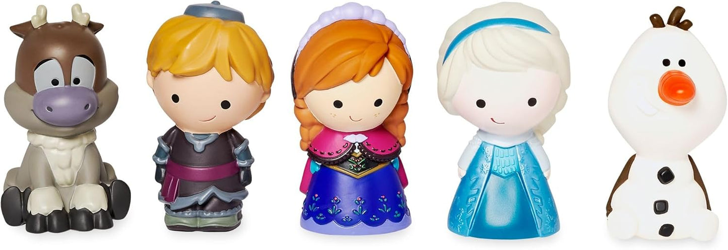 Disney Store Conjunto oficial de brinquedos de banho Frozen, conjunto de 5 peças, inclui Anna, Elsa, Olaf, Sven e Kristoff, brinquedos Frozen com balde de armazenamento, adequado para 6 meses ou mais