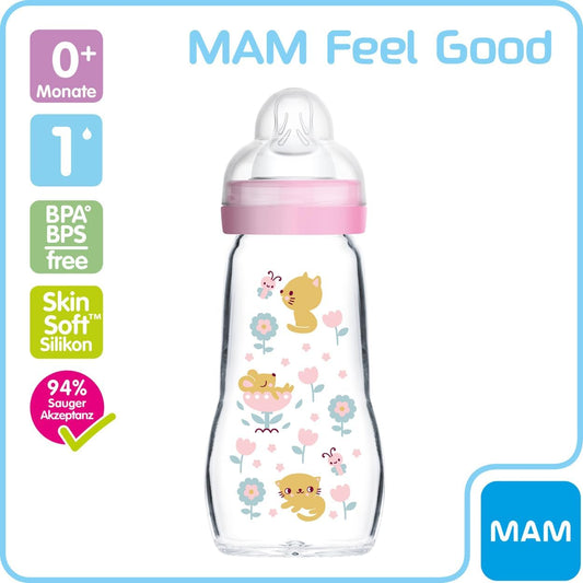 MAM Mamadeiras de vidro Feel Good com 2 (170 ml e 260 ml), com bico 1 fluxo lento para recém-nascidos, rosa