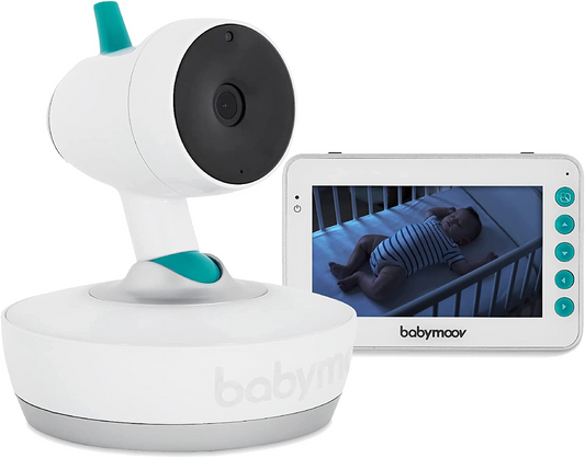 Babymoov Monitor de bebê de vídeo motorizado YOO Moov com câmera e visão noturna, retorno de 2 vias, zoom, panorâmica e inclinação remotas, luz noturna, indicador de temperatura