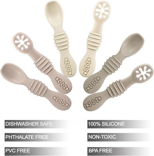 PandaEar Colheres de silicone para bebês de 4 a 6 meses, para alimentação independente | Pacote com 6 colheres para introdução alimentar | Colher para alimentação de bebês e crianças pequenas | Utensílios para bebês | Livre de BPA (Bege/Creme/Marrom)