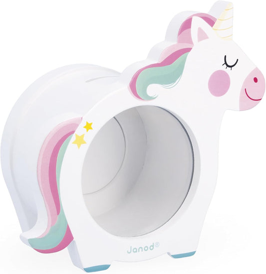 Janod - Cofrinho Unicórnio Infantil - Lateral Transparente e Abertura Traseira Magnética ou Decoração de Quarto - Madeira FSC - A partir de 3 Anos - J04655