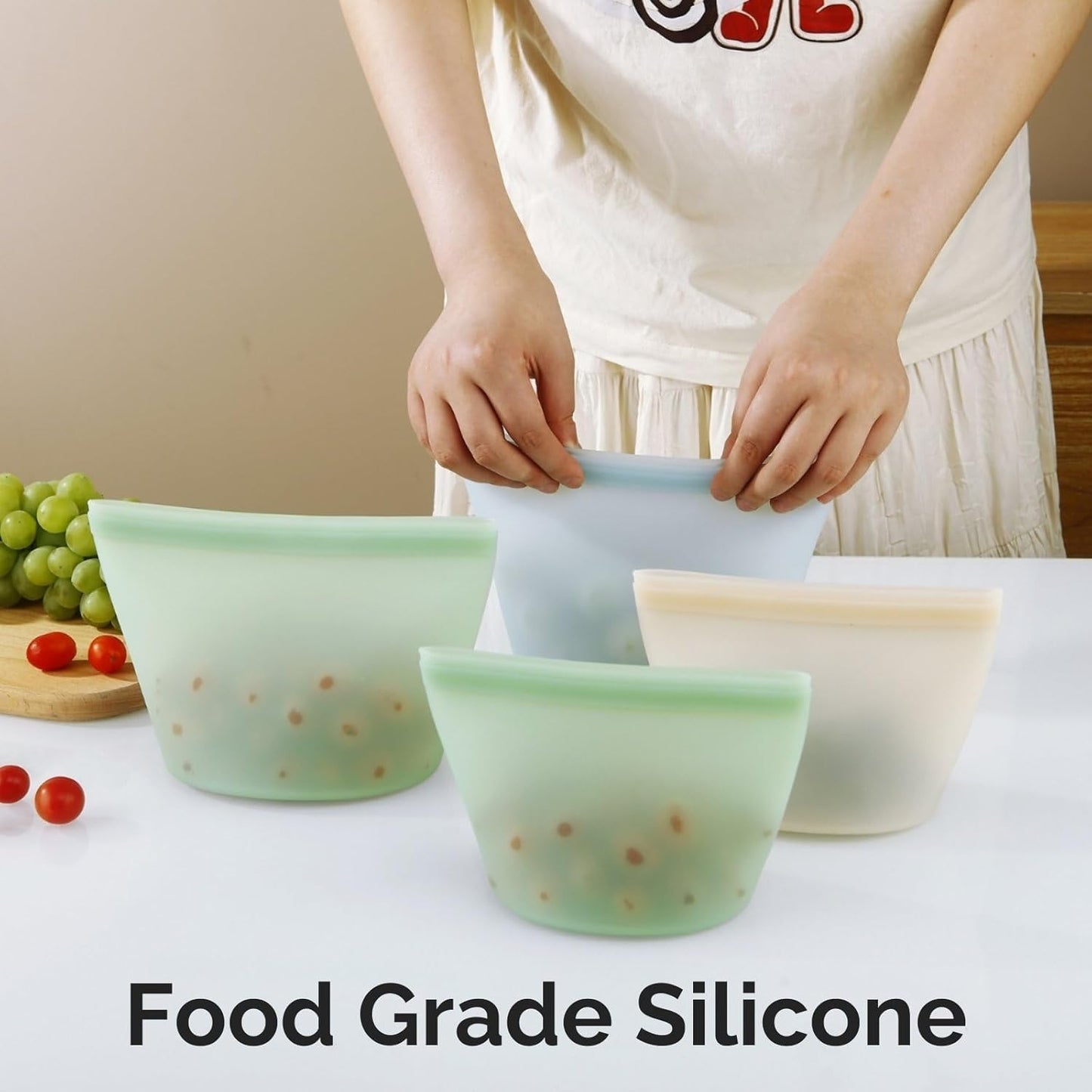 PandaEar Conjunto de 4 Sacos de Silicone Reutilizáveis para Armazenamento de Alimentos, Sacos para Congelador à Prova de Vazamentos, Podem Ser Usados no Micro-ondas e na Lava-louças, Ideais para Preparar Refeições,