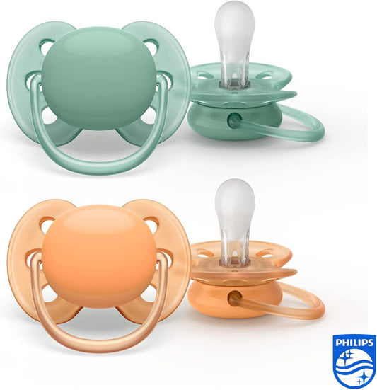 Philips Avent Pacote de 2 chupetas Ultra Soft - chupeta sem BPA para bebês de 0 a 6 meses, laranja/verde (modelo SCF091/03)