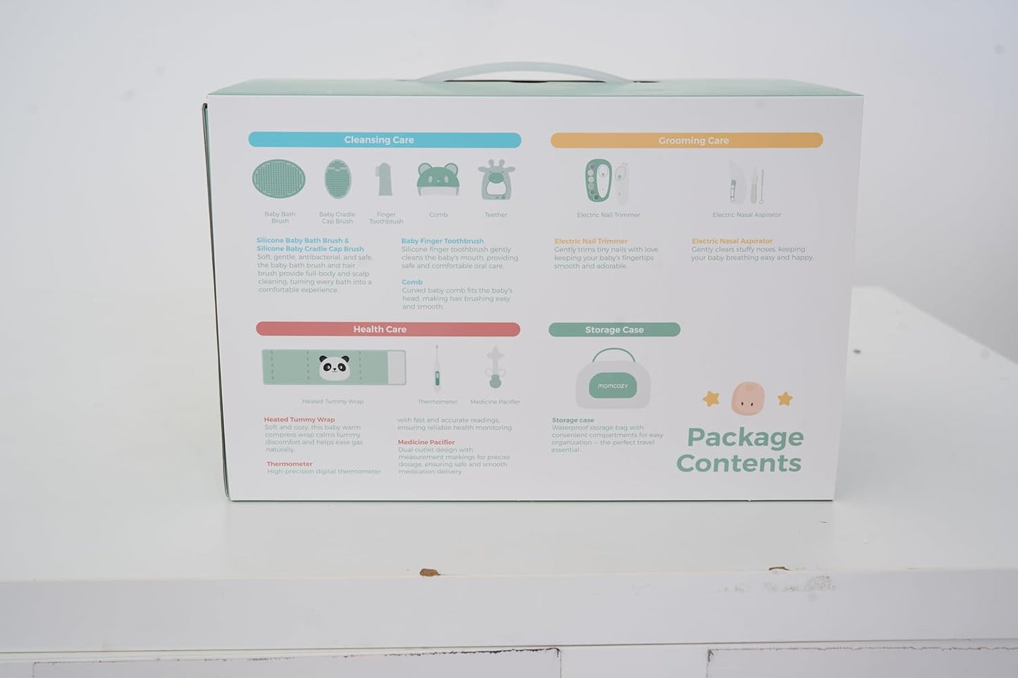 Momcozy Kit Elite para Bebês, conjunto de presente superior para higiene, saúde e limpeza, inclui lixa de unha elétrica e aspirador nasal, faixa térmica para barriga, termômetro, escova de banho, mordedor e chupeta medicinal.