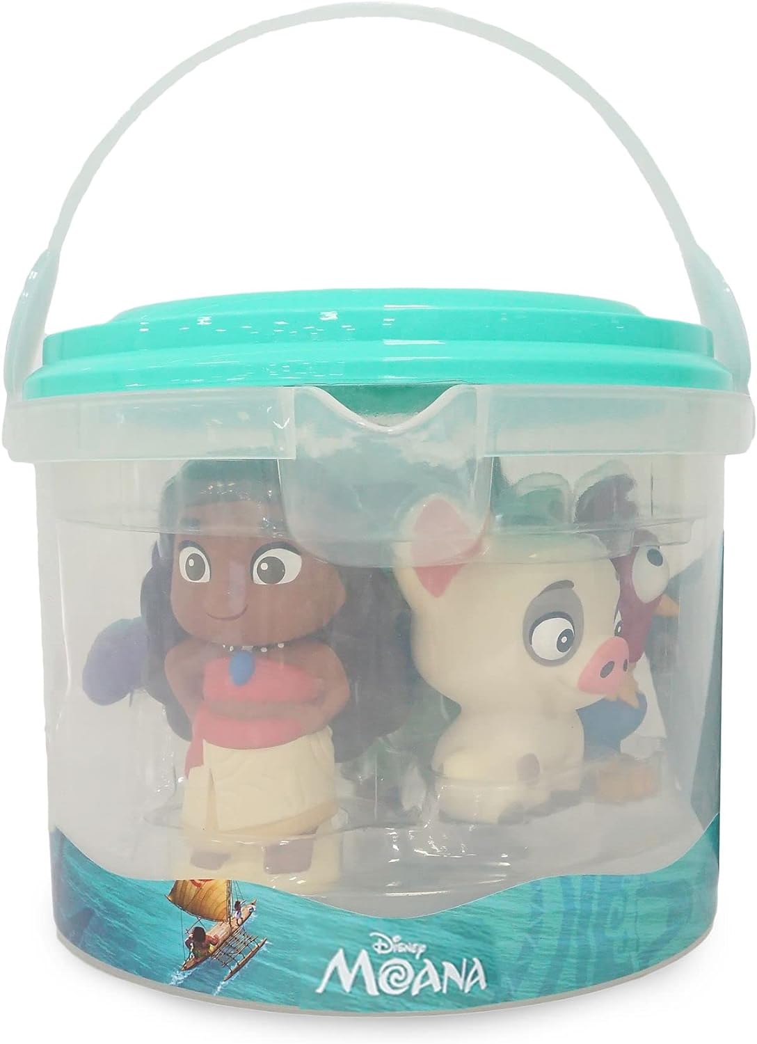 Disney Store Conjunto oficial de brinquedos de banho Moana, conjunto de 5 peças, inclui Moana, Maui, Pua, Hei-Hei e Tamatoa, brinquedos Moana com balde de armazenamento, adequado para 6 meses ou mais