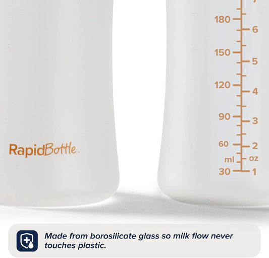 Nuby Kit com 2 Mamadeiras de Vidro Anticólicas RapidBottle - Mamadeira Rápida com Revestimento de Silicone e Bico Semelhante ao Seio Materno | Alimentação Rápida | Sem Microplásticos | Esterilização Rápida | 266ml (Bege)