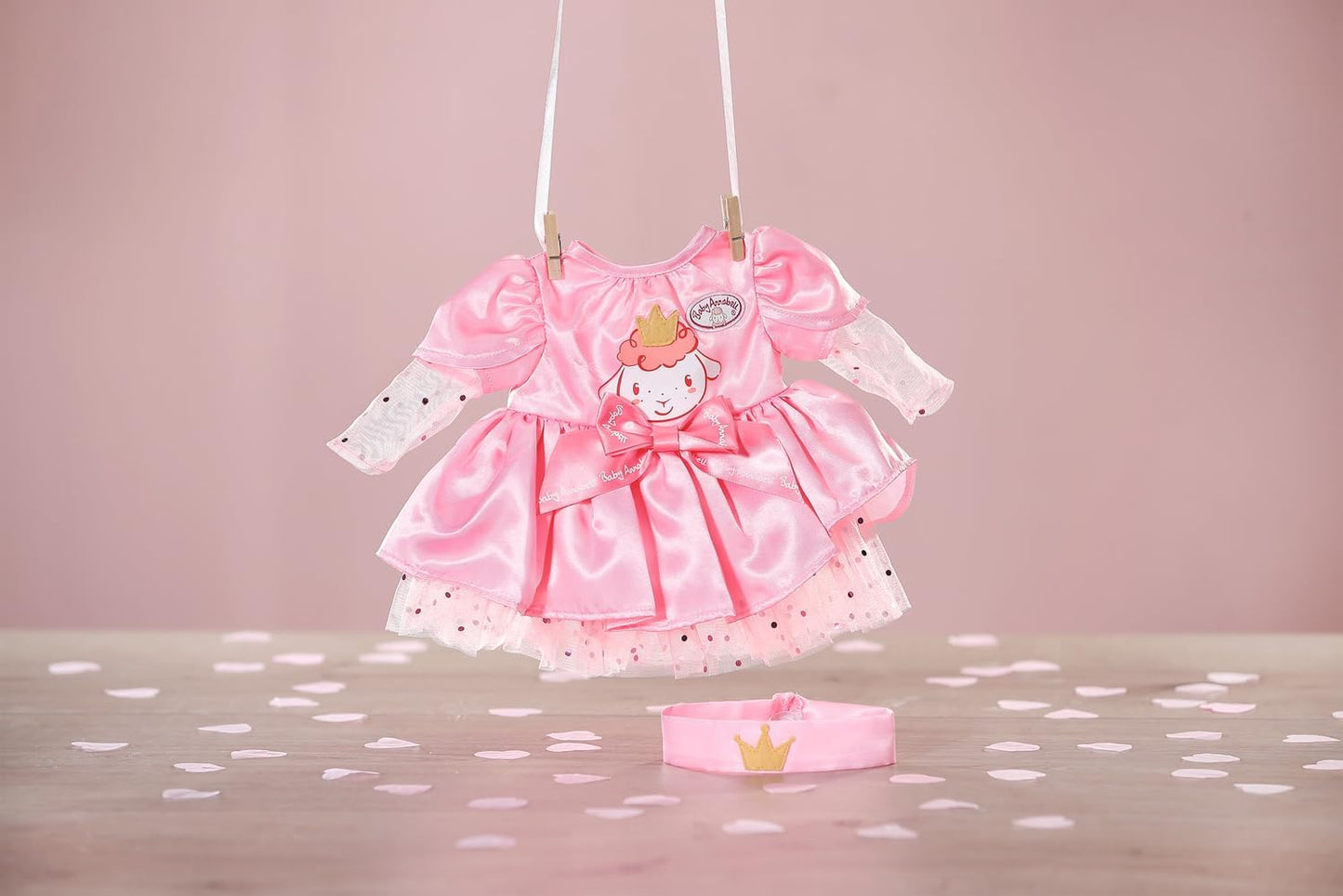 Baby Annabell Vestido de aniversário 710548 - Vestido de tule rosa com tiara de coroa combinando para bonecas de 43 cm - Adequado para crianças a partir de 3 anos de idade.