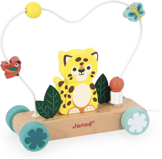 Janod - Brinquedo de puxar tigre com circuito motor de ábaco - Brinquedo de andar de madeira - Desenvolve consciência, habilidades motoras e imaginação - A partir de 12 meses - J08281