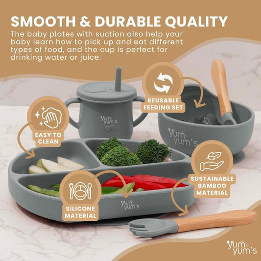 Yum Yum's Conjunto de Introdução Alimentar Baby com 10 Peças Cinza - Kit Completo para Alimentação Infantil com Prato Dividido, Tigelas com Ventosa, Talheres com Protetor Bucal, Copo com Canudo,