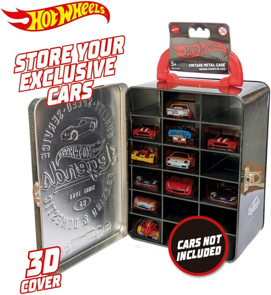 Hot Wheels Estojo de metal para carrinhos Vintage em escala 1:64 | Organizador e porta-brinquedos para 18 brinquedos | Presente ideal para colecionadores e crianças a partir de 3 anos | Tampa com design 3D de corrida Hot Wheels (Carrinhos não inclusos)
