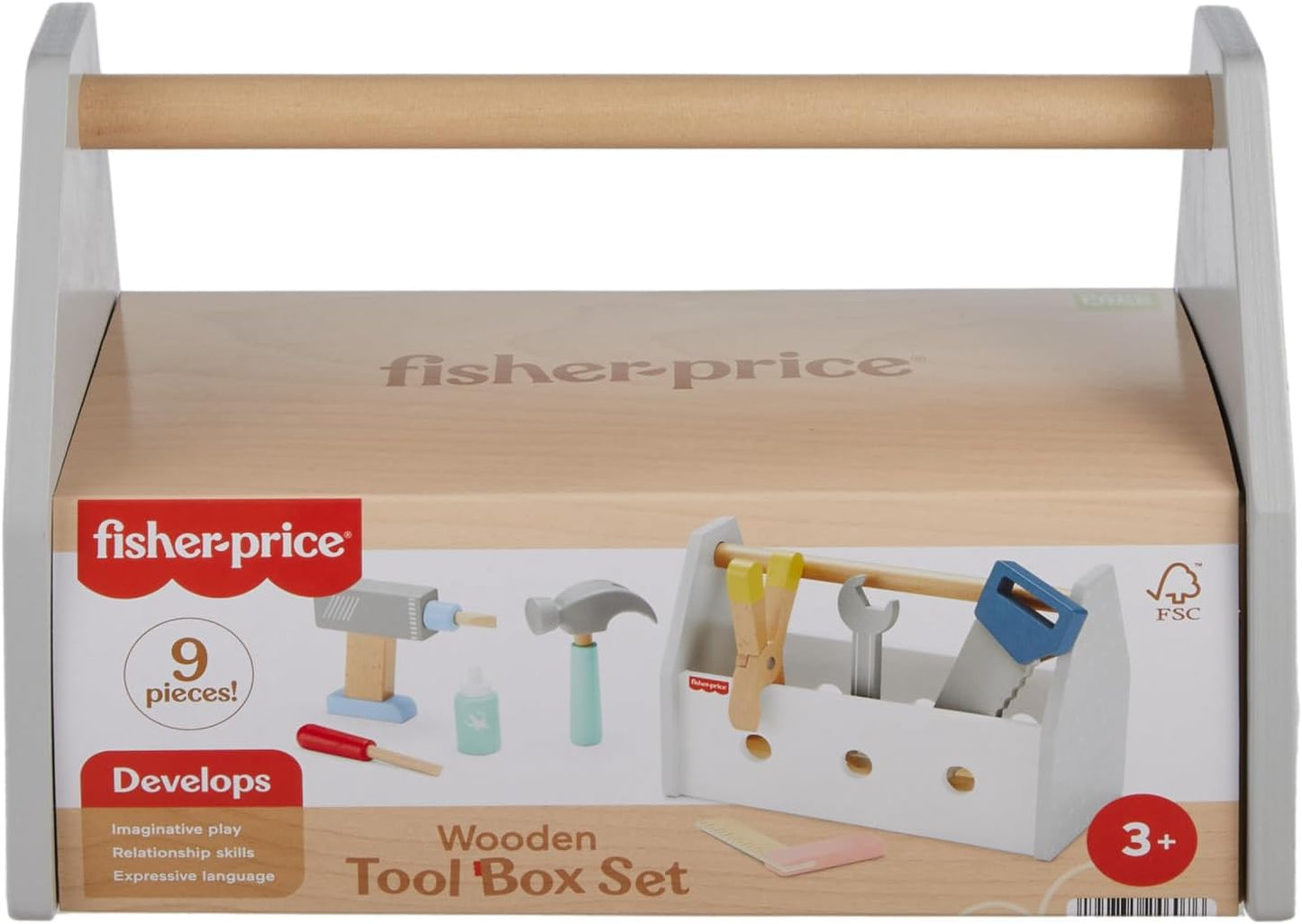 Fisher-Price Caixa de Ferramentas de Brinquedo de Madeira com Furadeira, Conjunto de 9 Peças para Brincar de Construção, Ideal para Crianças em Idade Pré-escolar a partir de 3 Anos, HYG50