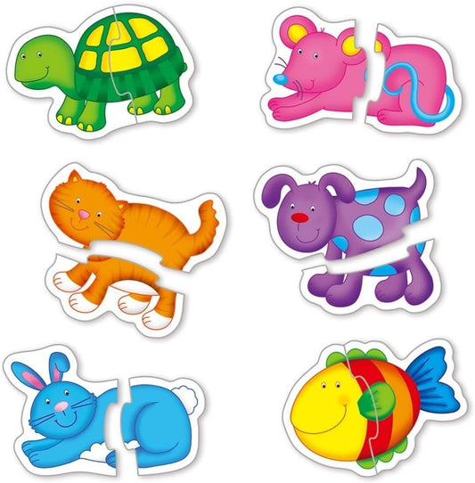 Conjunto de 6 quebra-cabeças de 2 peças com formas diferentes para animais de estimação Peças brilhantes e grossas Estimula as habilidades iniciais de combinação e a destreza manual