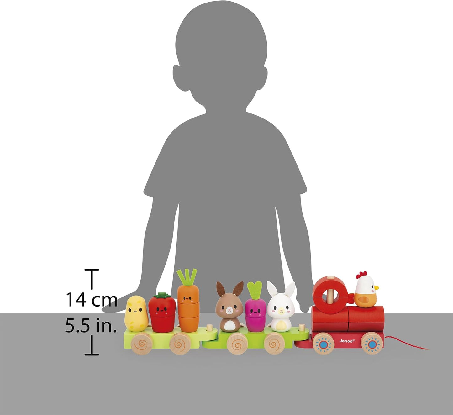 Janod - Trem de puxar de madeira - Tema fazenda - 3 vagões e 19 peças - Brinquedo de puxar - Madeira FSC e tinta à base de água - Habilidades motoras finas - A partir de 12 meses, J03314