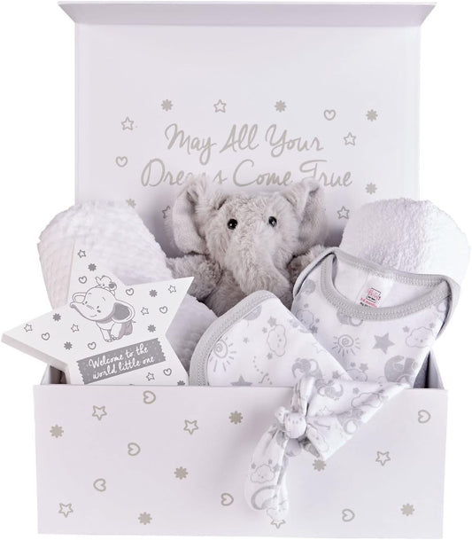 Baby Box Shop Conjunto de presentes personalizados para bebês Caixa de presente unissex, presentes para meninos e meninas, loja de caixas de bebê Conjunto de presentes unissex para bebês 7 itens essenciais para presentes de recém-nascidos