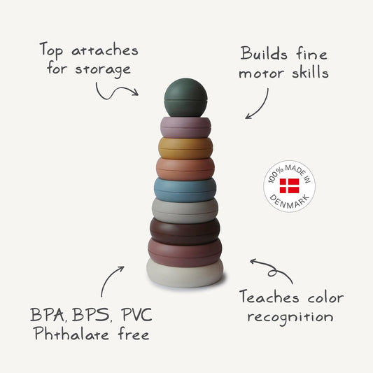 Mushie Brinquedo de empilhar anéis | Torre de anéis educativa para bebês e crianças pequenas | Brinquedo colorido de classificação e empilhamento para crianças a partir de 6 meses | Brinquedo de aprendizagem pré-escolar |