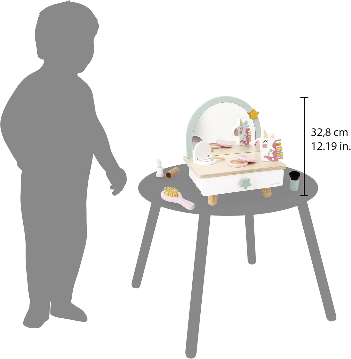 Janod - Penteadeira de madeira para crianças - Gaveta, espelho e 7 acessórios - Tema unicórnio - Altura 33 cm - Maquiagem de boneca - A partir de 3 anos - J06463