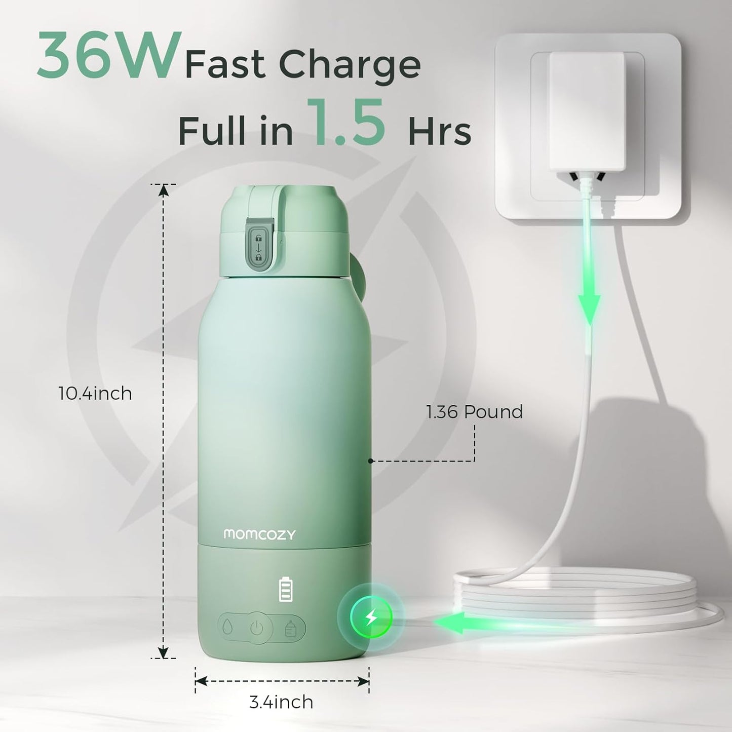 Momcozy Aquecedor de Leite Portátil para Viagem – Modos Duplos de Aquecimento para Leite Materno e Água, Aquecedor de Mamadeira Portátil com Aquecimento Rápido, Bateria de Longa Duração, Capacidade de 500 ml e Recarga USB-C para Casa, Carro e Passeios