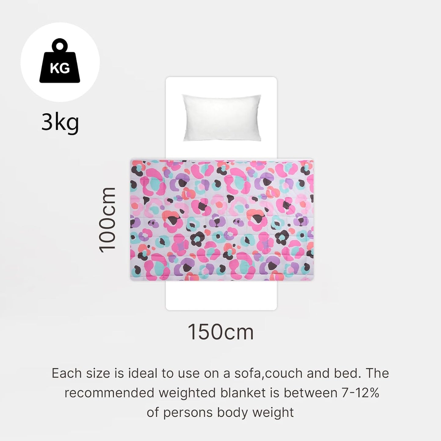 Cobertor pesado OHS 3 kg, cobertor pesado individual para adultos, calmante, alívio do estresse, antiansiedade, cobertores pesados para homens e mulheres, estampa de leopardo, 150 x 100 cm (Aviso: adequado apenas para maiores de 3 anos)