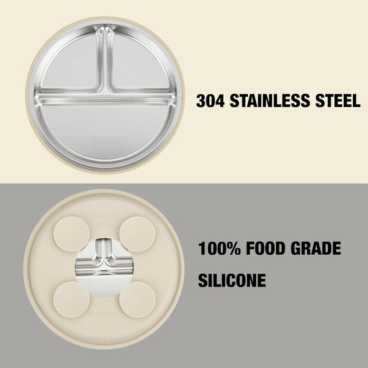 PandaEar Conjunto de 3 pratos infantis em aço inoxidável com ventosa, prato dividido com ventosa para introdução alimentar BLW (Baby Led Weaning), conjunto antiderrapante para alimentação de bebês e crianças pequenas,
