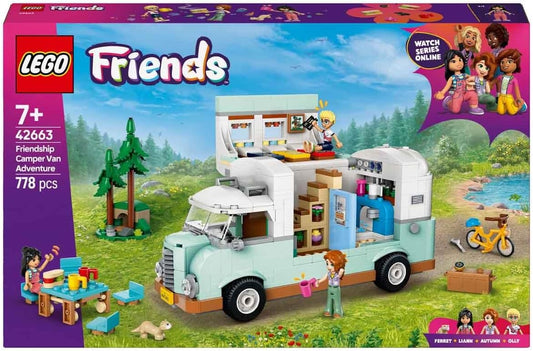 LEGO Conjunto de aventura Friends Friendship Camper Van, brinquedo de construção de veículo com minibonecas de 3 personagens e figura de furão para dramatização divertida, presente de aniversário para meninas de 7 anos ou mais