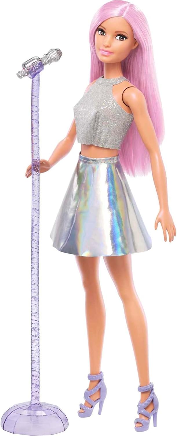 Barbie Boneca Pop Star vestida com saia iridescente com microfone e cabelo rosa, presente para crianças de 3 a 7 anos, FXN98, presente para crianças de 3 a 7 anos, JCW42
