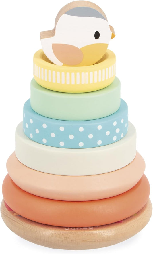Janod - Pássaro Culbuto de madeira empilhável - Brinquedo de madeira para aprendizagem precoce - 7 peças para empilhar - Torre empilhável - Base móvel - Brinquedo para bebês a partir de 1 ano - J05145