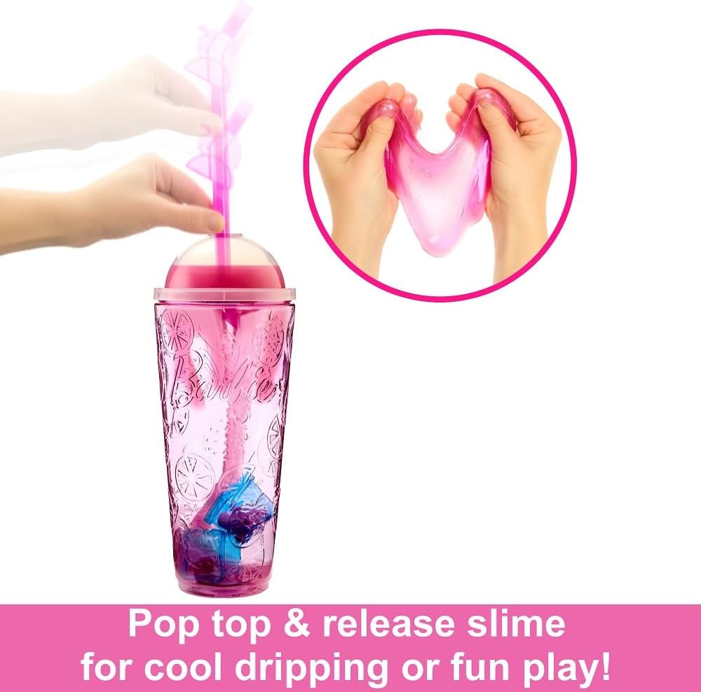 Barbie Boneca Pop Reveal Fruit Series, boneca que muda de cor com cabelo rosa, 8 surpresas, incluindo slime e cachorrinho mole, aroma de limonada de morango, brinquedos para maiores de 3 anos, uma boneca, HNW41
