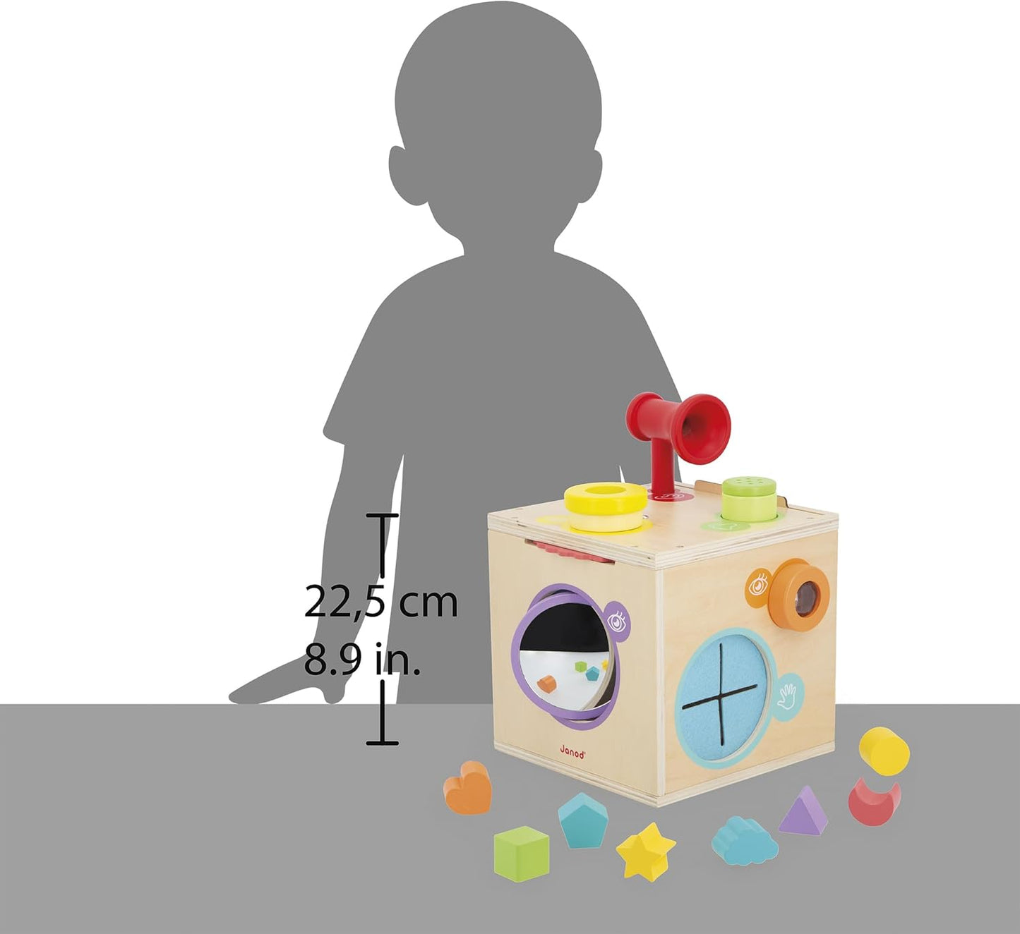Janod - Cubo de Motricidade e Manipulação - Jogo de Despertar Sensorial - Caixa Sensorial - Cubo de Atividades - 12 Acessórios - Aprendendo Formas e Cores - Despertando os Sentidos - A partir de 18 Meses - J05307