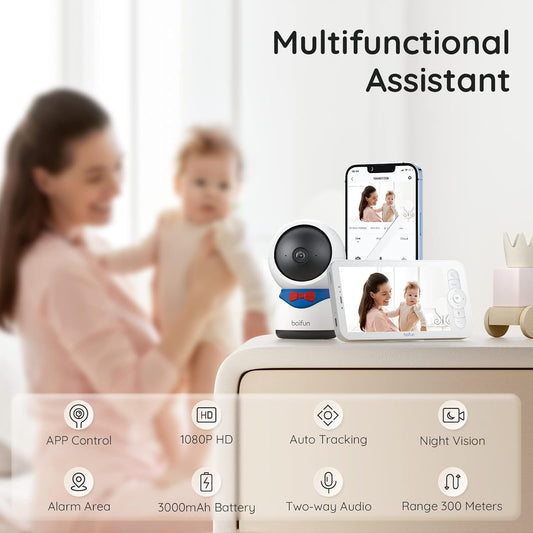 BOIFUN Câmera de vídeo wi-fi para monitor de bebê, controle de aplicativo, 5 '' 1080P, detecção de movimento e som, PTZ, rastreamento automático, monitor de bebê inteligente com visão noturna, áudio bidirecional,