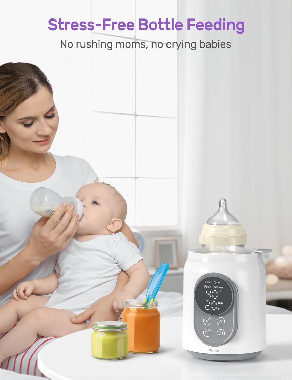 Nuliie Aquecedor de mamadeiras 6 em 1 com LCD digital, temporizador, controle inteligente de temperatura e desligamento automático, aquecedor de alimentos e descongelamento Aquecedor sem BPA para leite materno ou fórmula