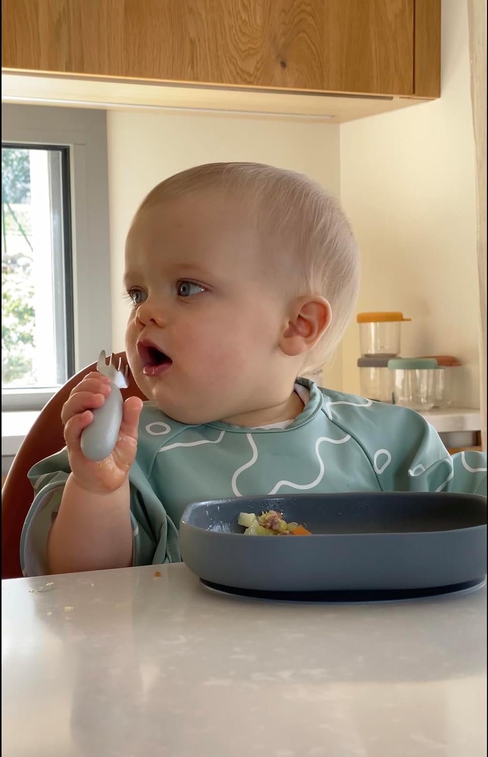 BEABA, Juego de 2 Cubiertos de Acero Inoxidable y Silicona, Cubiertos para Bebé, Cubiertos Infantiles, A Partir de 10 Meses, Forma Ergonómica, Mango Ergonómico, Cubiertos de Aprendizaje, Verde Salvia