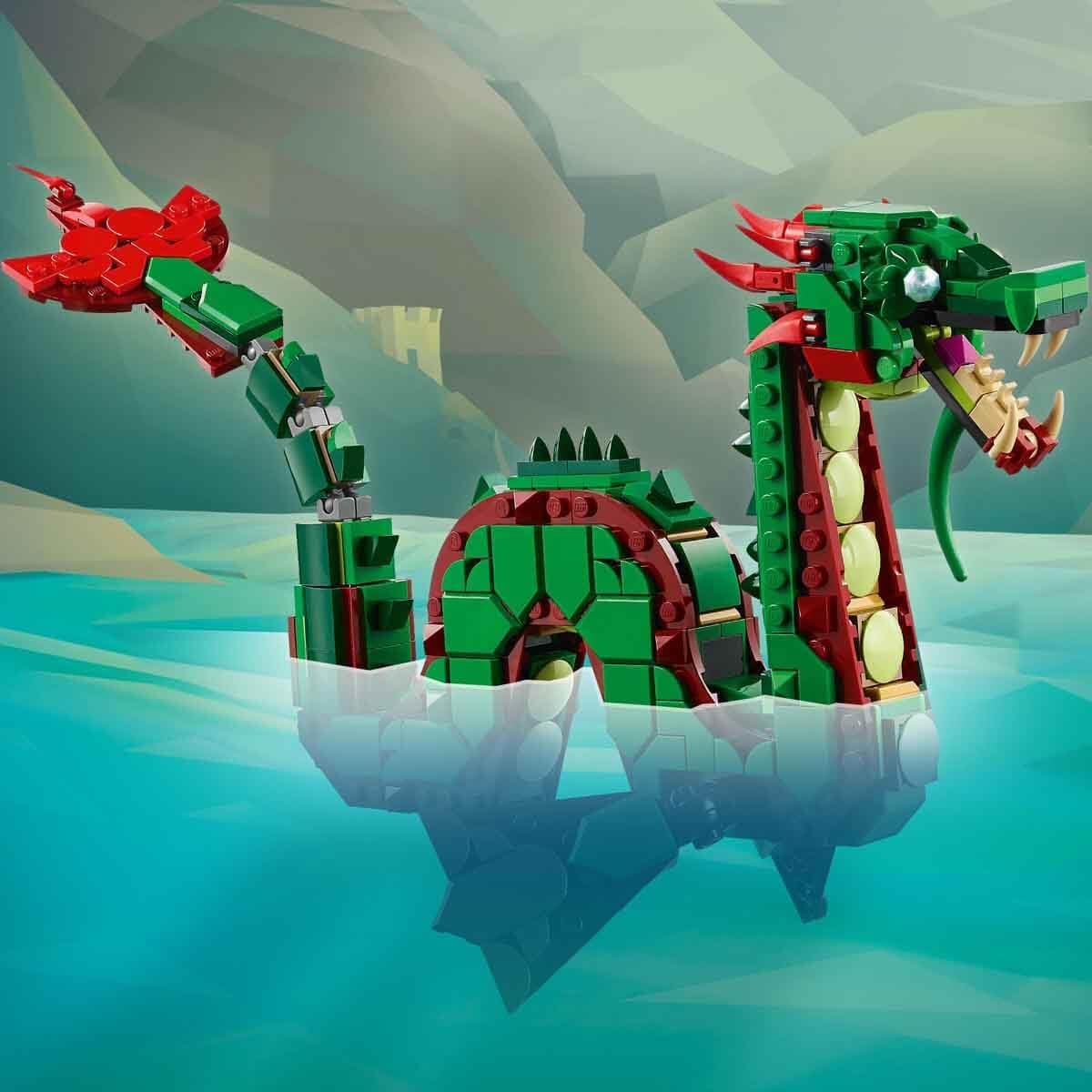LEGO Brinquedo de dragão medieval Creator 3 em 1 - transforma-se em uma serpente marinha ou em uma figura de animal Fênix - Conjunto de construção de criaturas míticas para crianças, meninos e meninas a partir de 9 anos