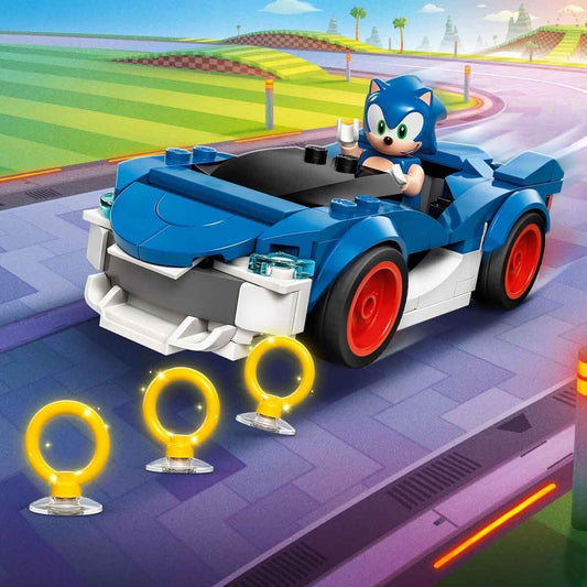 LEGO Sonic the Hedgehog: Sonic Speedster Lightning - Carro de Corrida de Brinquedo com Minifigura, Esmeralda do Caos e 3 Anéis Dourados - Presente Gamer para Meninos e Meninas a partir de 7 Anos - 77117