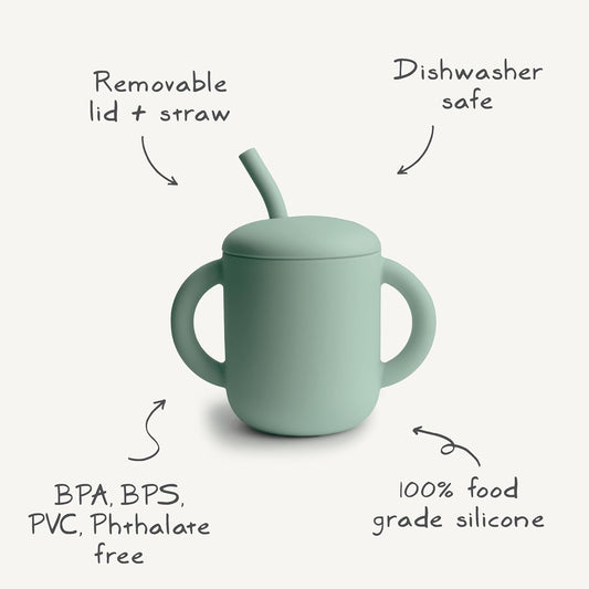 Mushie Copo de Treinamento em Silicone com Canudo | Copo de Transição para Bebês a partir de 6 Meses | Capacidade: 175 mL | Tampa Removível | Material: Silicone de Grau Alimentício | Pode ser lavado na lava-louças e usado no micro-ondas (Azul Claro)