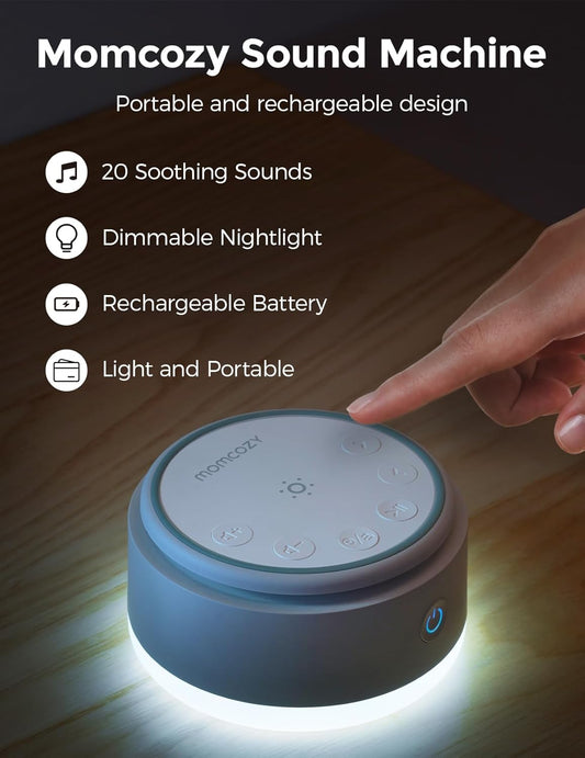 Momcozy Máquina de som para bebê, 20 sons suaves e luz de toque, máquina portátil de ruído branco com temporizador para dormir e memória, companheira de viagem ideal e item essencial para o berçário, para passeios